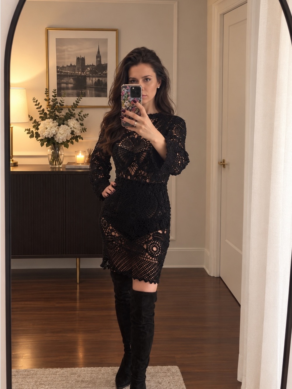 Anne Klein Black Crochet Long-Sleeve Mini Dress